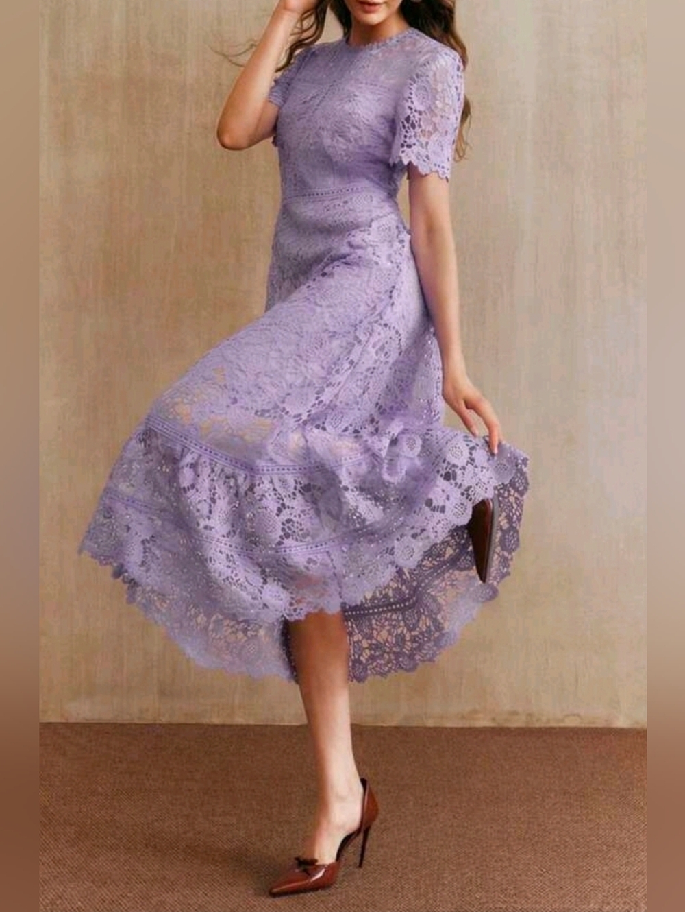 New Embroidered Floral Lace Ruffle Hem Midi Dress Short Sleeve Light Purple